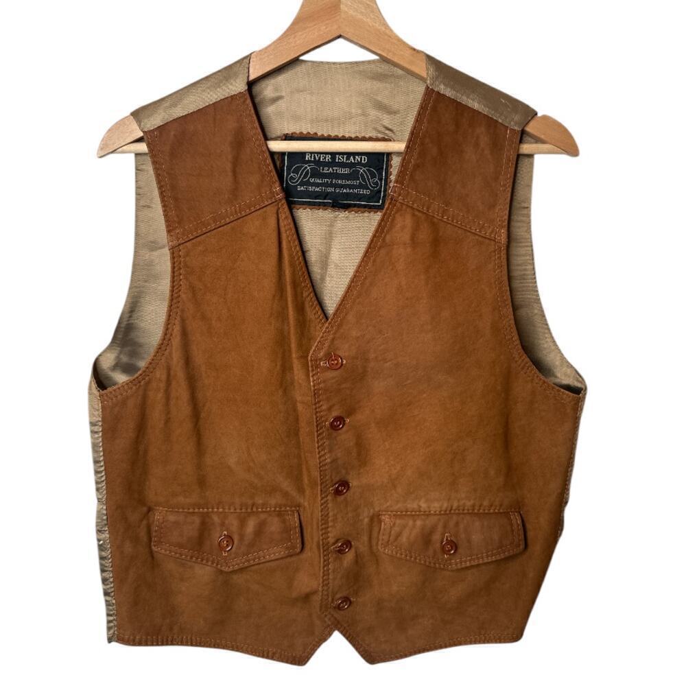 Vintage River Island Cognac Front Suede Leather Vest Men's Size M Made In UK
